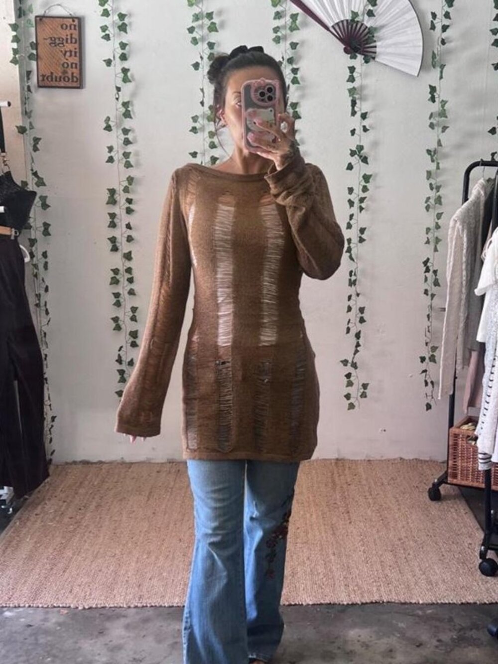 Brown distressed see through long sleeve top/mini dress size Large